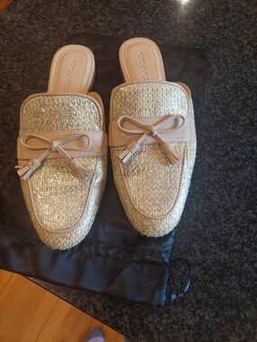 Coach Gold Raffia Backless Mules with Tan Trim